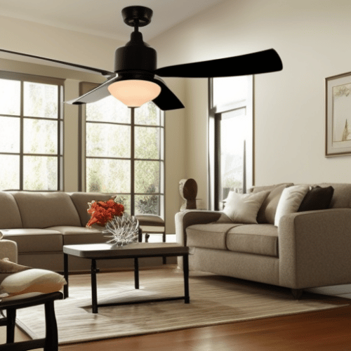 A living room with an elegant ceiling fan