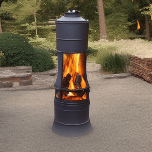 A chiminea outside with a large fire burning