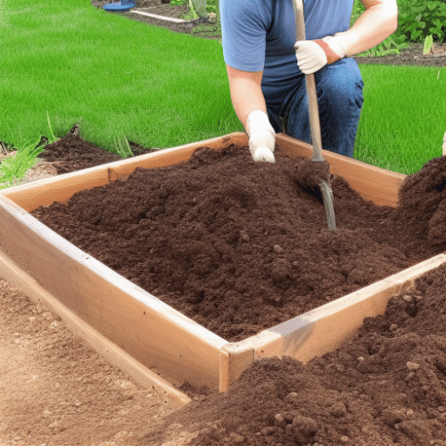 A man is filling a raised garden bed with fertile soil