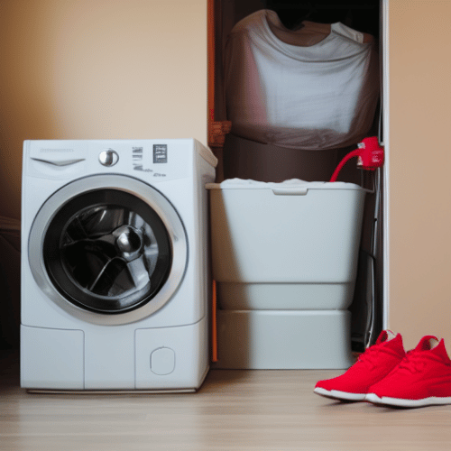 a pair of red trainers and a washing machine
