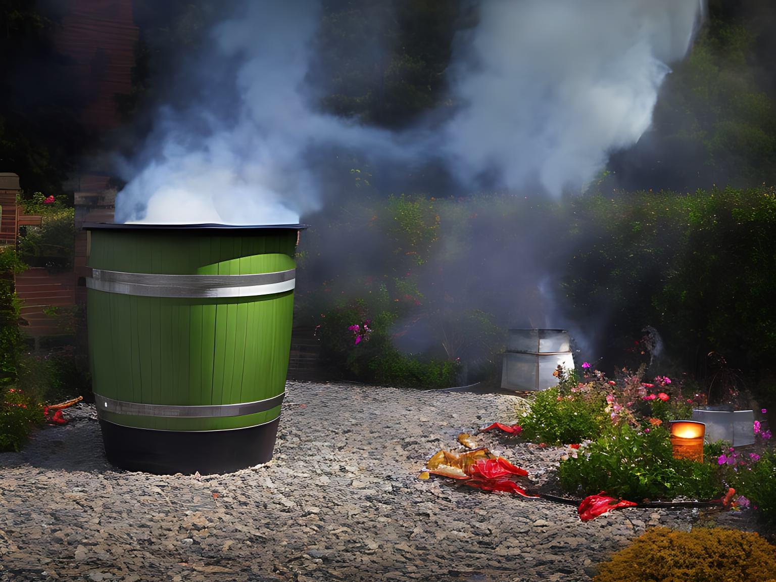 a green barrel with fumes