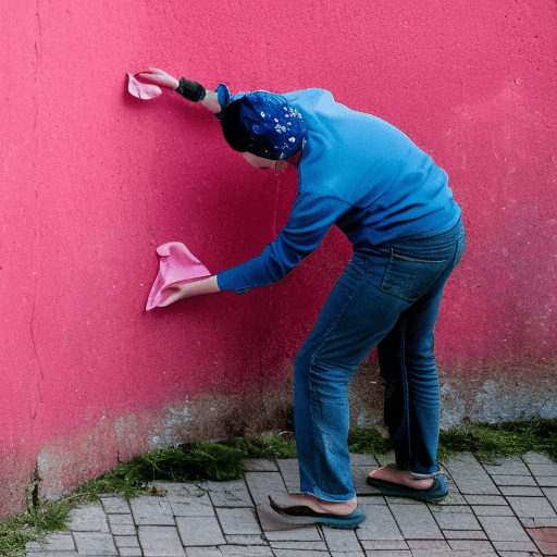 a person wiping the pink wall
