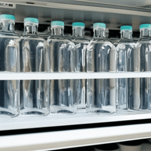 bottles of H2O in a cabinet