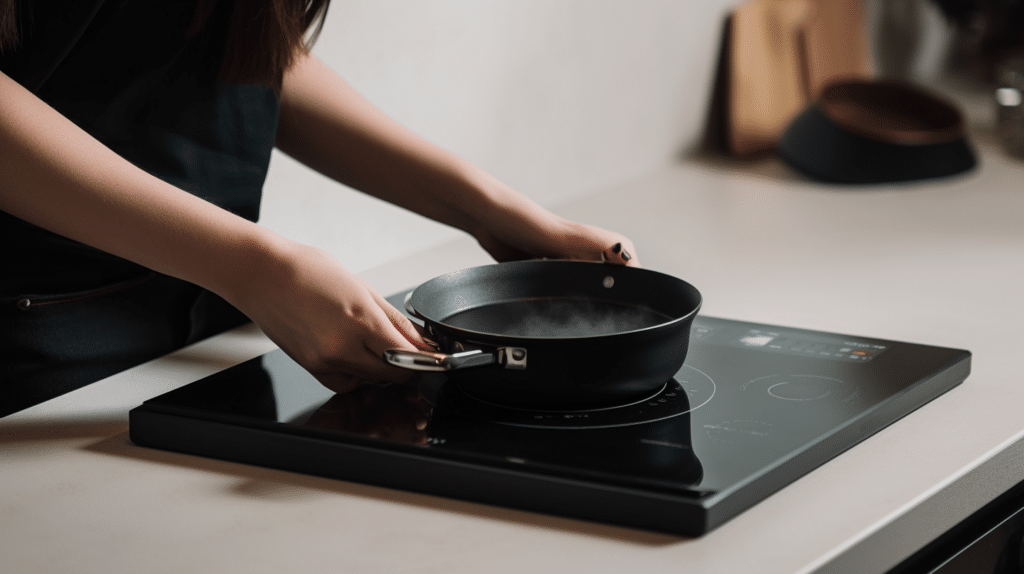 a lady testing a mini hob in the kitchen