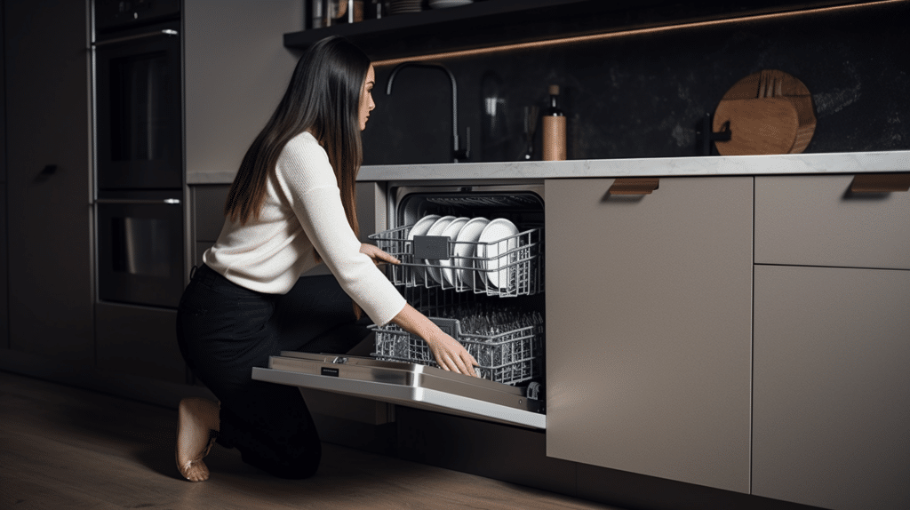 a lady testing an integrated dishwasher in the kitchen