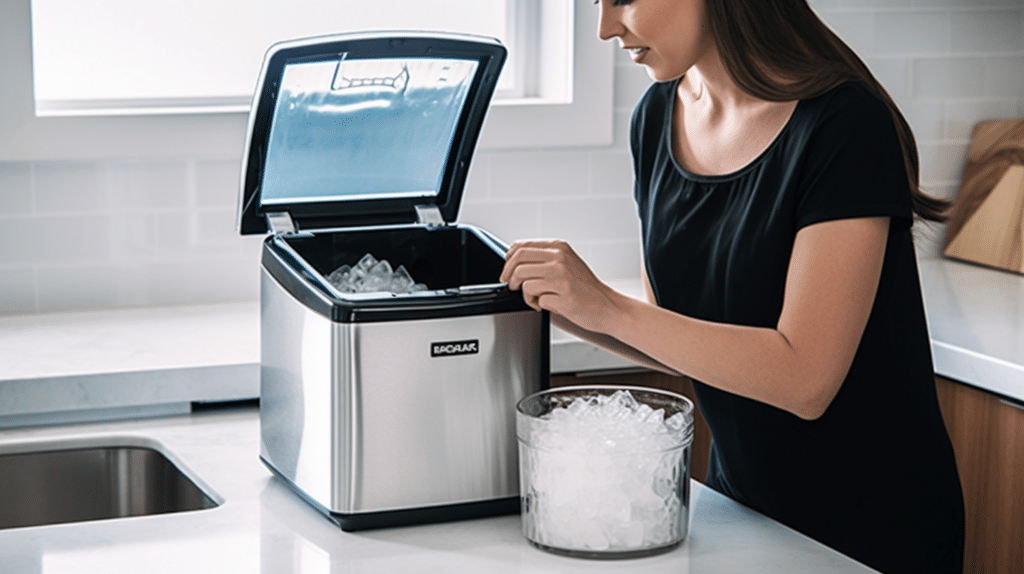 a lady testing out an ice maker in the kitchen