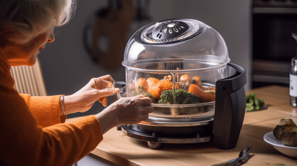 an old woman testing out a halogen oven in the kitchen