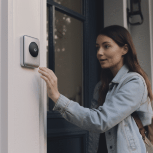 Excited woman about to press a wireless doorbell