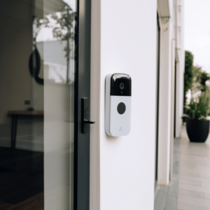 Wireless doorbell mounted near glass door